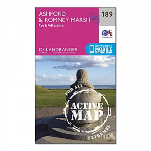 Landranger Active 189 Ashford and Romney Marsh Rye and Folkestone Map With Digital Version Pink