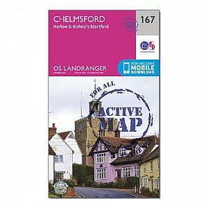 Landranger Active 167 Chelmsford Harlow and Bishops Stortford Map With Digital Version Pink